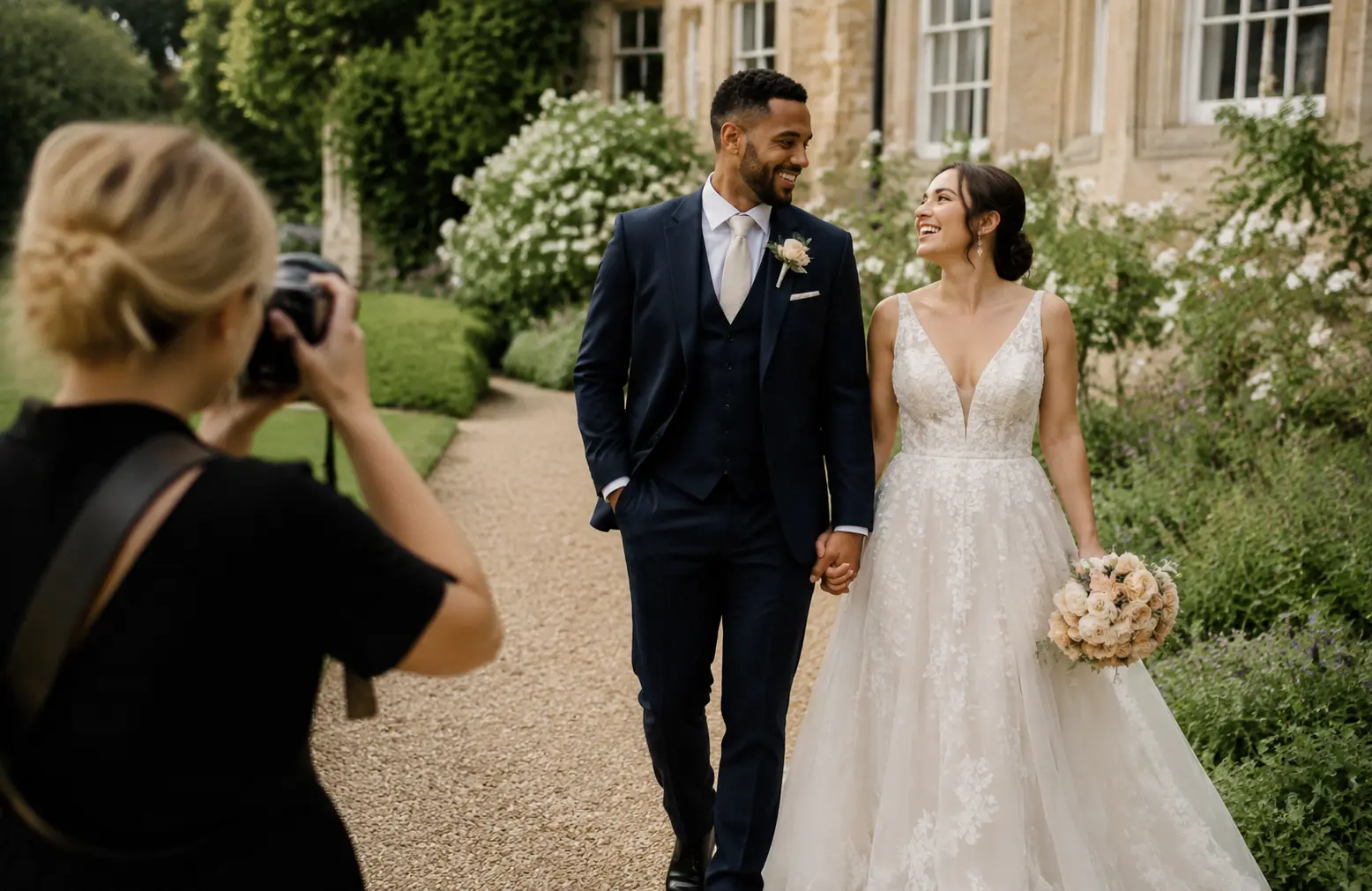Bride and groom with their wedding photographer