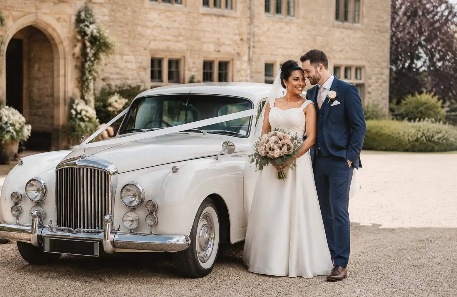 Bride and groom beside an elegant wedding car