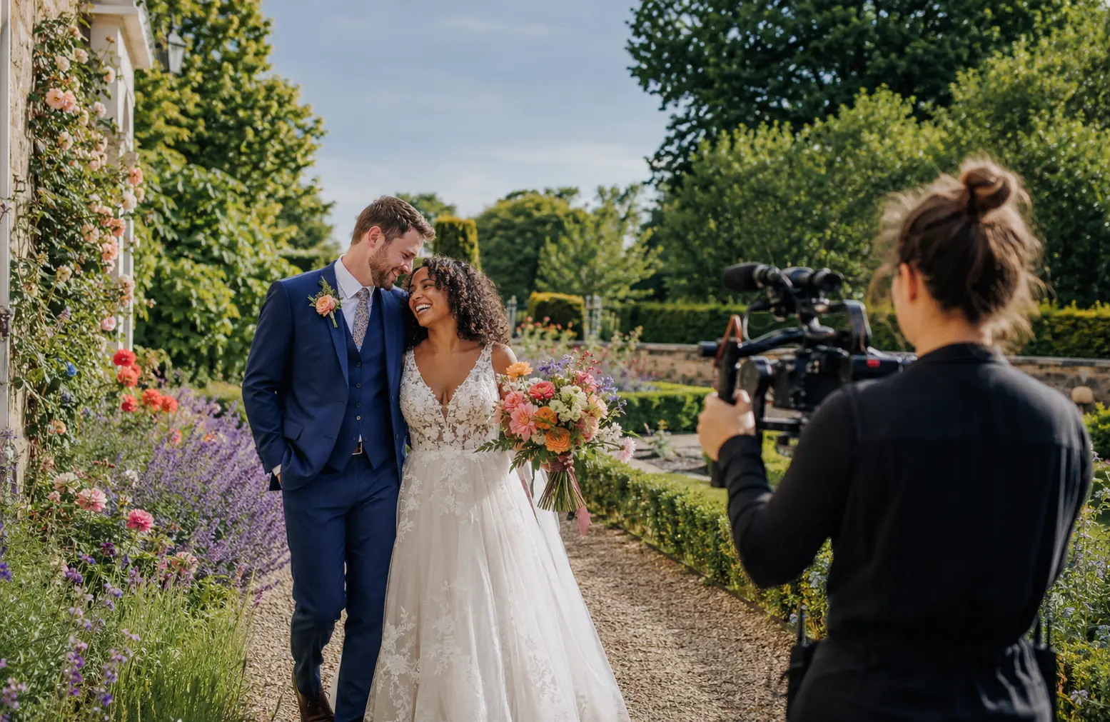 Wedding videographer filming a bride and groom in a colourful garden
